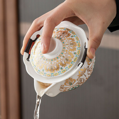 敦煌手抓壶盖碗茶杯高档防烫家用羊脂玉陶瓷茶具功夫单壶泡茶茶杯