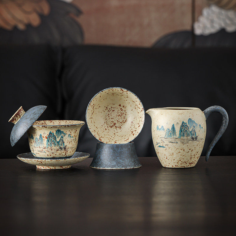 火石红公道杯三件套陶瓷茶海功夫茶具盖碗匀茶杯分茶器茶漏一体