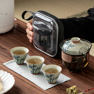 一壶三杯便携式 手绘旅行茶具套装 快客杯户外泡茶壶茶杯茶具收纳包