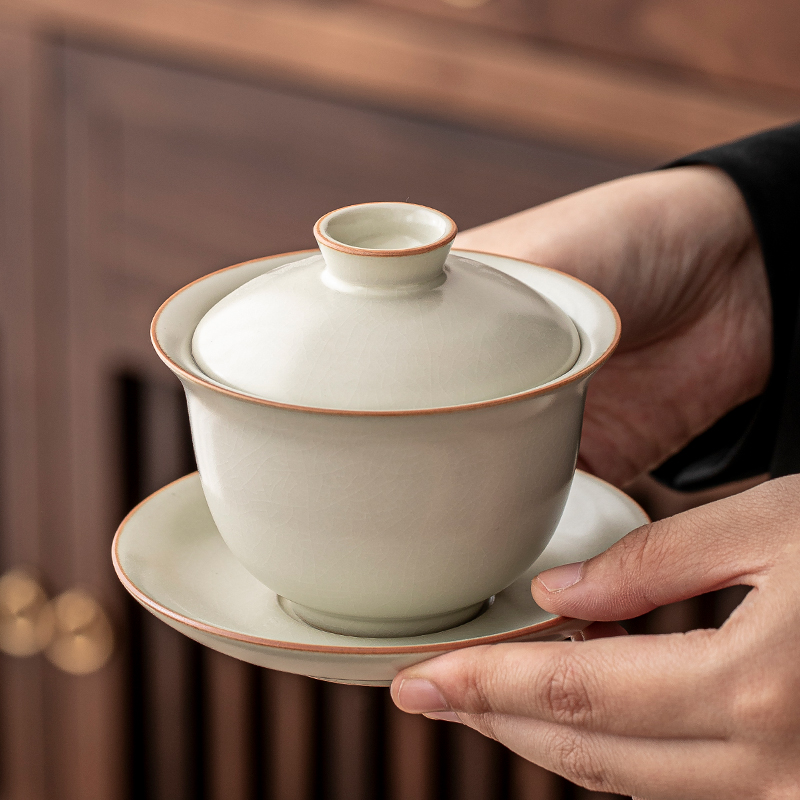 汝窑盖碗茶杯单个大号泡茶家用汝瓷三才杯陶瓷会客功夫茶具冰裂釉