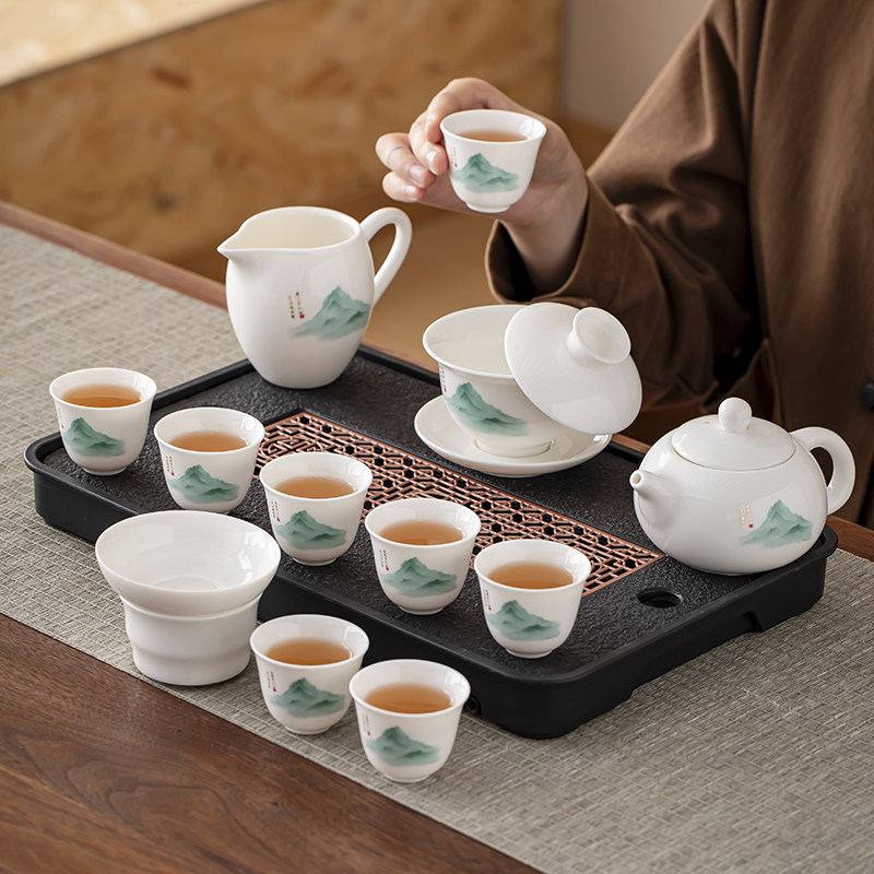 羊脂玉茶具套装家用轻奢高档盖碗茶杯功夫茶具泡茶专用礼盒装送礼