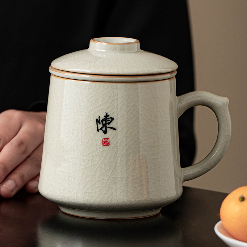 汝窑姓氏定制陶瓷茶水分离水杯男士高档马克杯办公泡茶杯子礼盒装图片