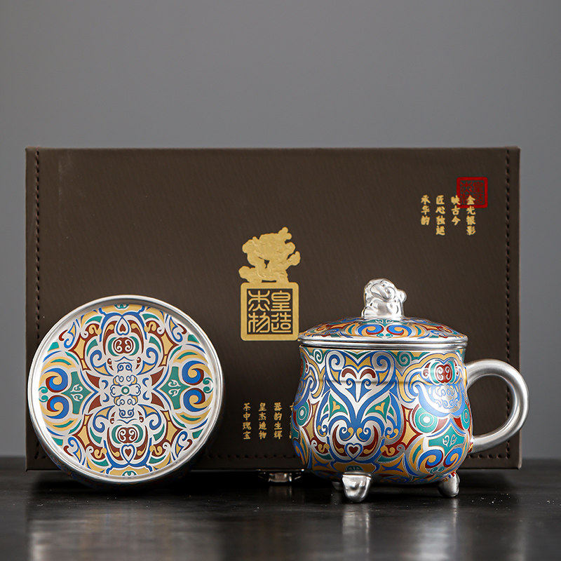 周皇杰鎏银宫廷风陶瓷茶杯马克杯带杯盖中式泡茶水杯茶具礼品盒装