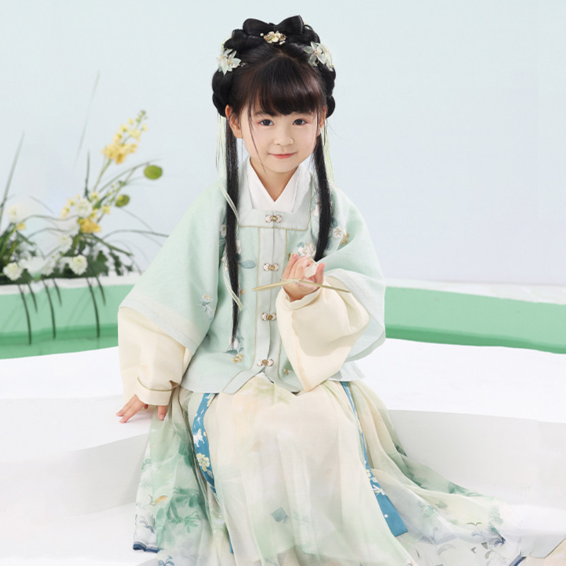 十三余小豆蔻儿[山色图]国风刺绣假两件印花超仙明制女童汉服童装