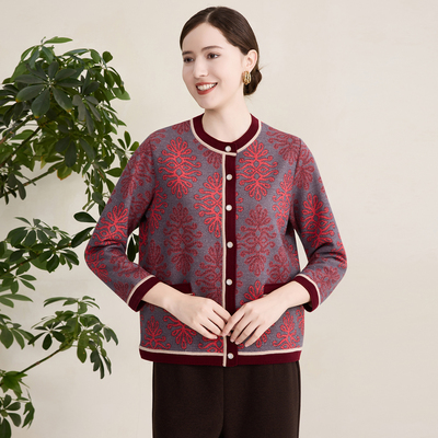 赏心岁月中老年女装妈妈秋冬新款圆领开衫洋气高贵大码妈妈装正品