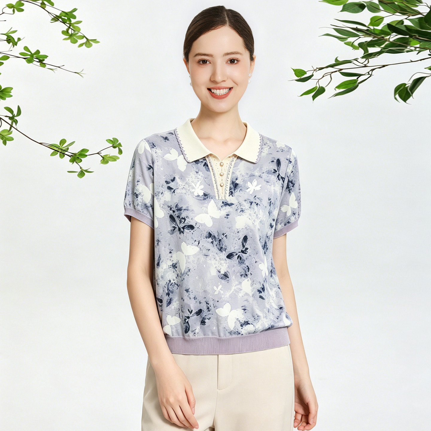 赏心岁月中老年女装妈妈翻领短袖上衣夏季新款宽松大码套头衫图片