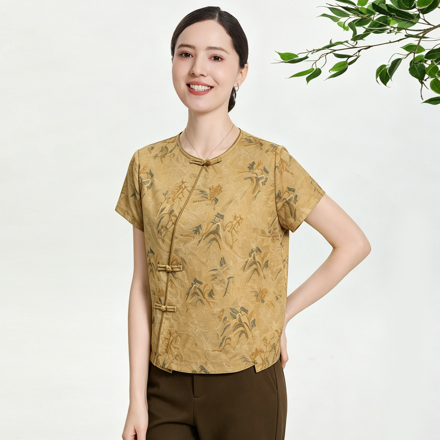 赏心岁月中年妈妈洋气阔太太国风圆领短袖上衣夏季新款衬衫妈妈装图片