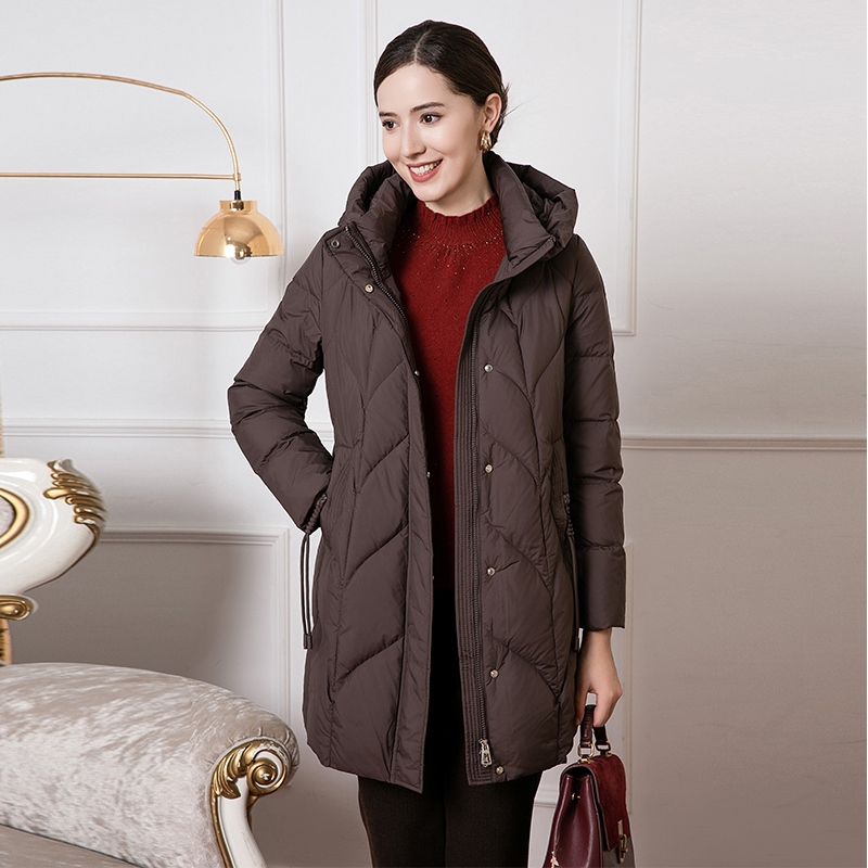 羽绒服赏心岁月白鸭绒连帽中长款