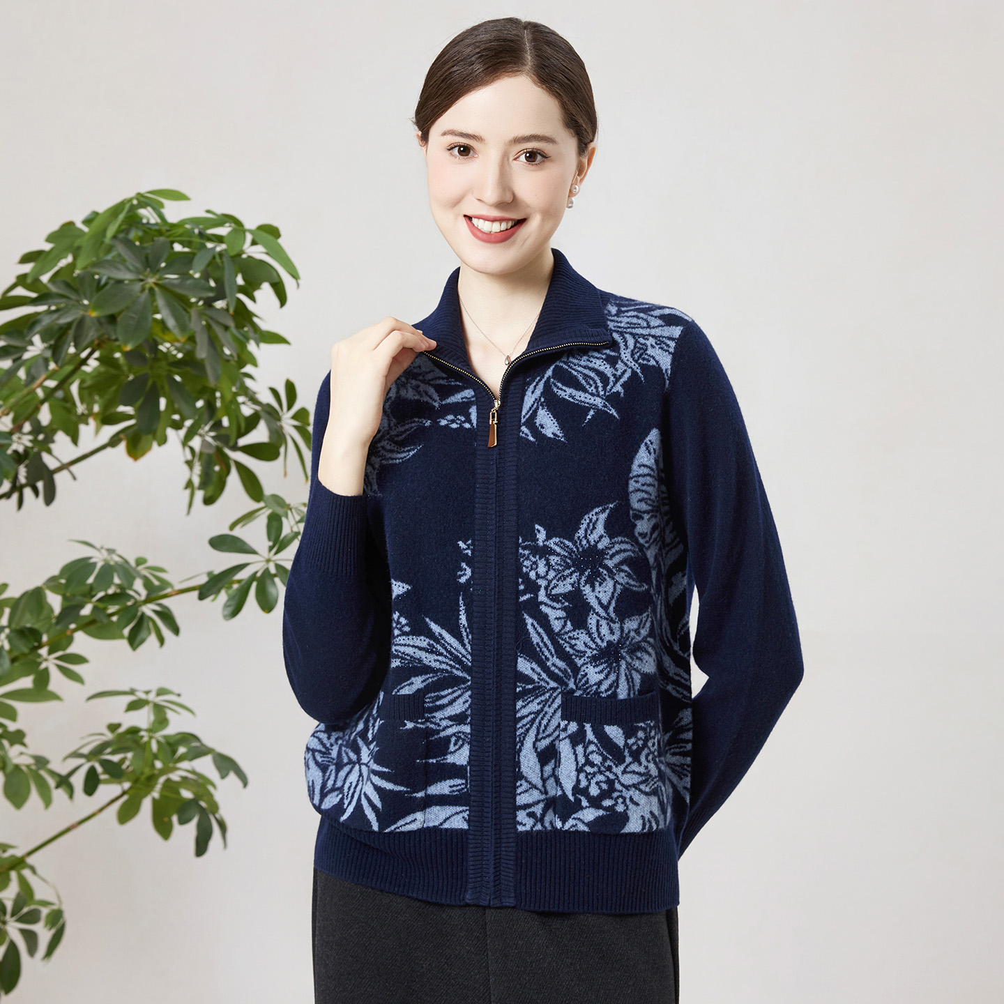 赏心岁月中年妈妈羊毛衫洋气绵羊毛针织开衫秋冬新款宽松大码上衣