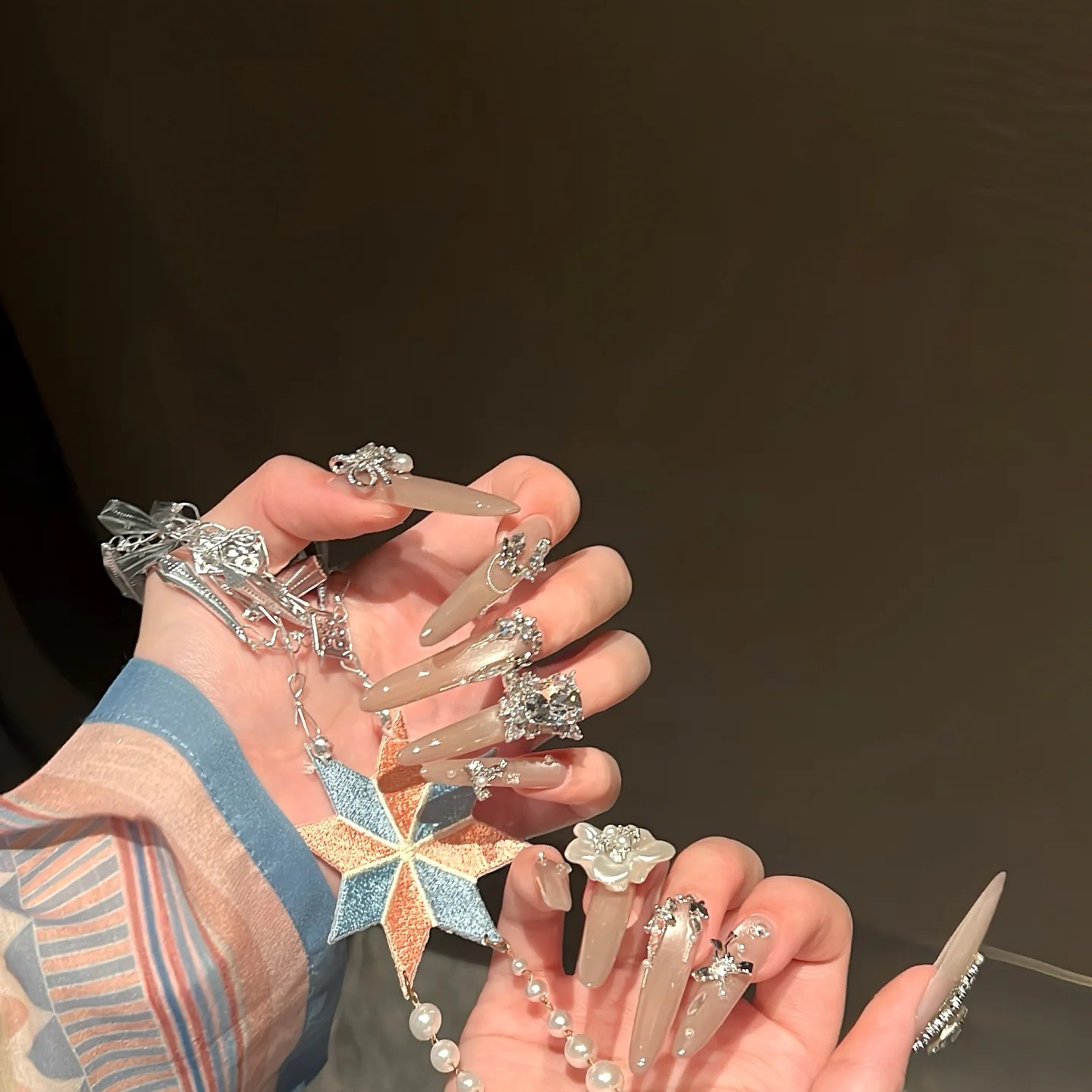 穿戴甲手工定制千金满钻长尖圆