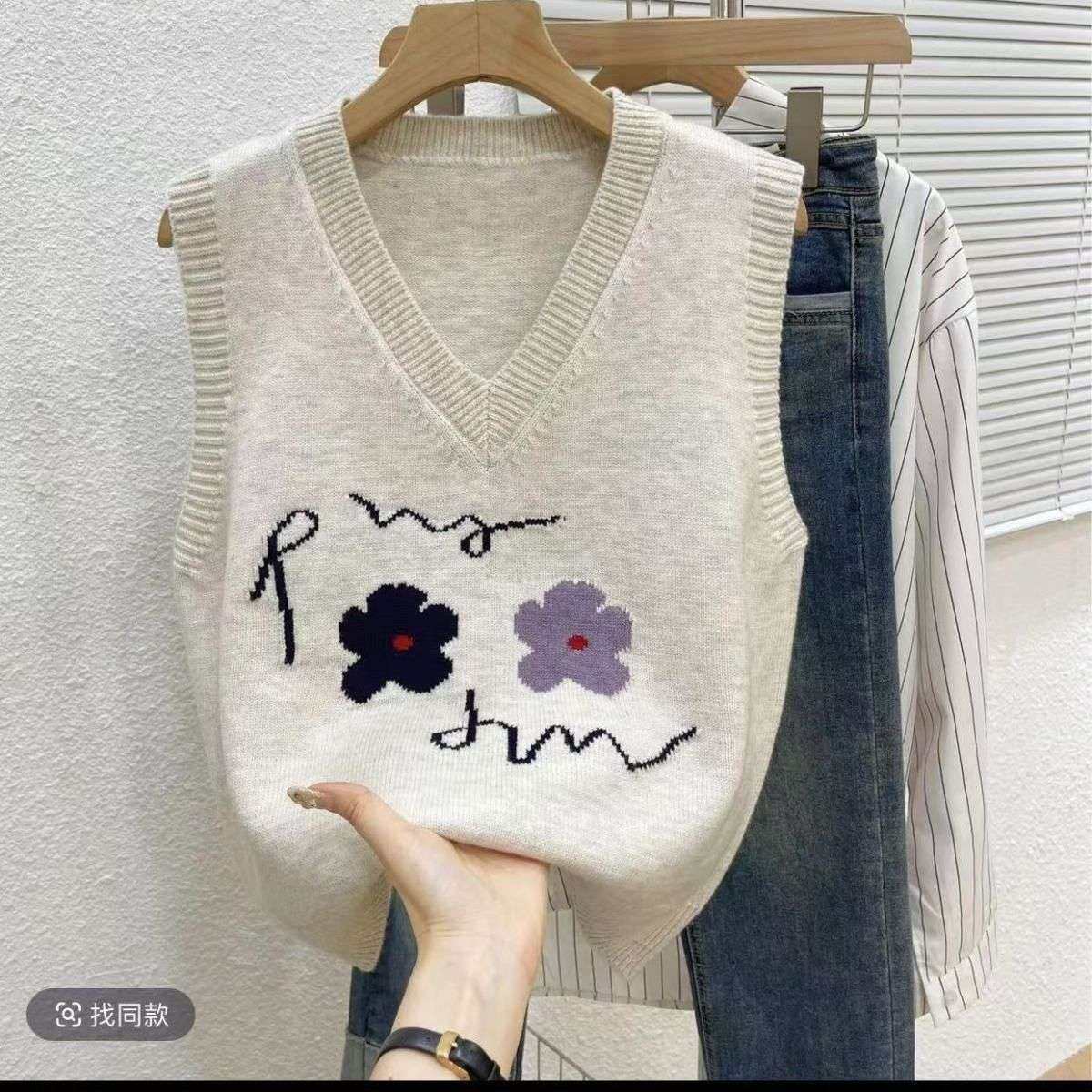 2025年秋冬/日系软糯花朵刺绣套头马甲女减龄宽松显瘦针织衫上衣