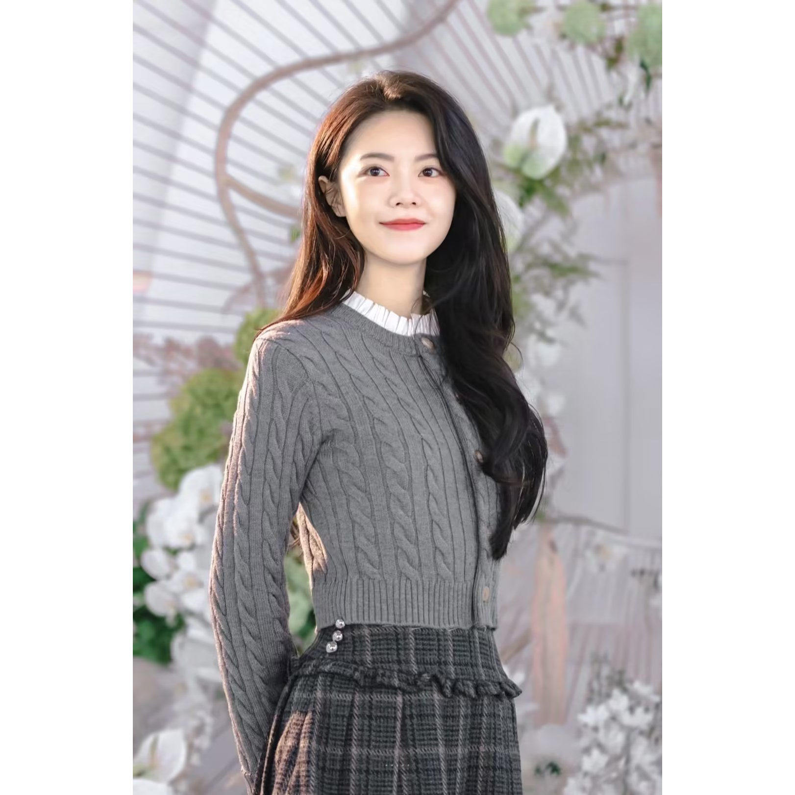 骄阳似我赵今麦聂曦光同款灰色木耳边领麻花针织开衫修身短款毛衣