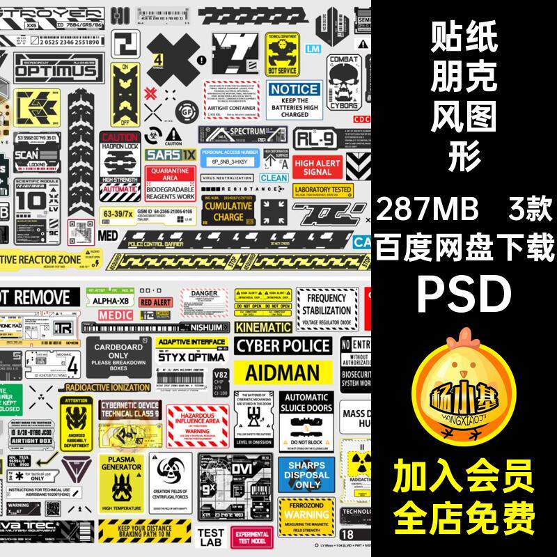 未来科技科幻赛博朋克机能风工业警示图案标语标题贴纸PS设计素材