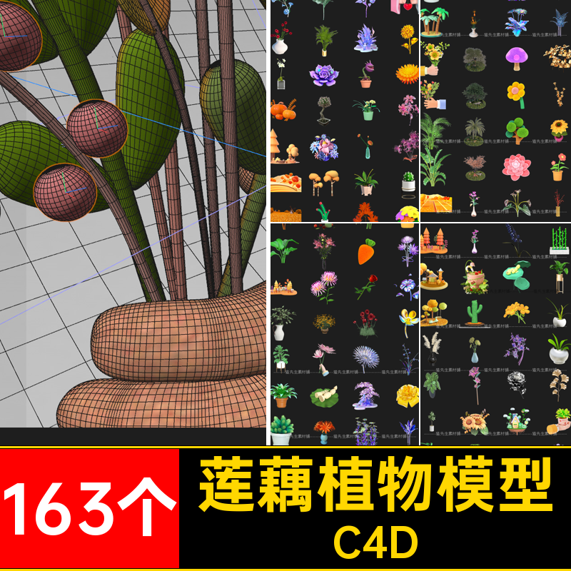 163个C4D花草植物野草盆栽卡通椰子树鲜花绿植莲藕树木模型素材