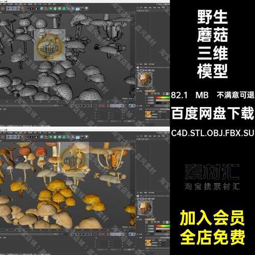 C4D FBX STL OBJ SU Maya植物野生蘑菇菌子香菇三维模型素材文件