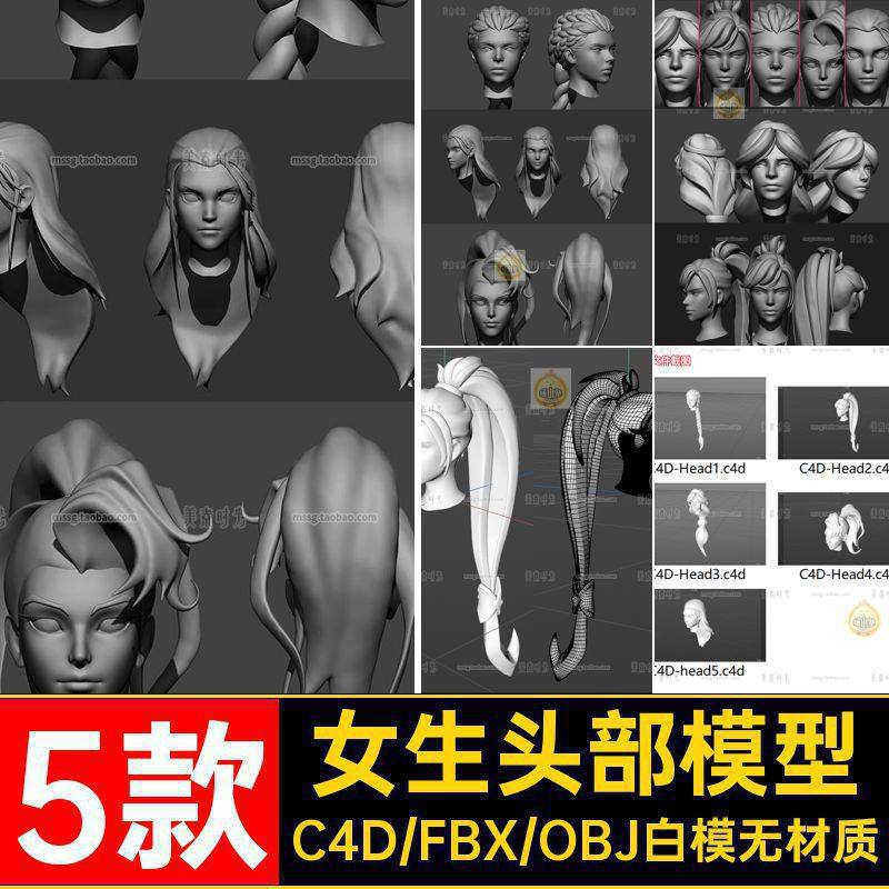 5款女生发型头发头部人物头像3d立体C4D模型fbx文件obj素材无材质