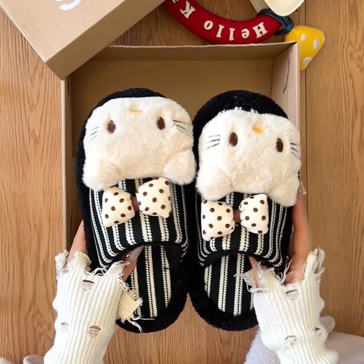 可爱豹纹蝴蝶结小猫毛毛拖鞋女2025秋冬新款居家保暖加绒包头拖鞋