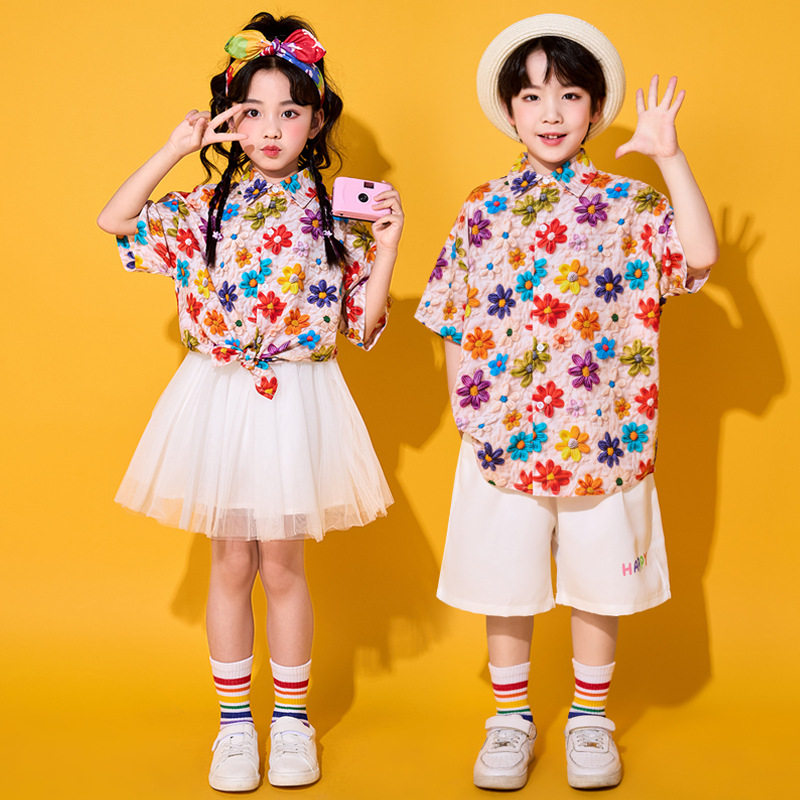 六一儿童演出服小学生运动会团体啦啦队3D花朵衬衫幼儿园合唱班服