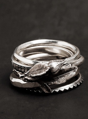 复古wm风格纯银玫瑰花苞组合戒指