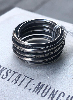 从不睡觉 慕尼黑手工925银经典MUNCHEN风十字纹弹簧戒指做旧指环