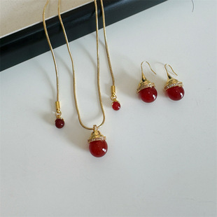 英国topwhit董洁金色红玛瑙吊坠项链耳环时髦气质抽拉链可调节