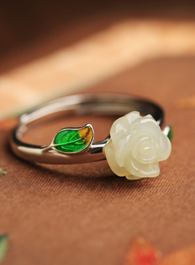 英国TopWhit复古防白玉玫瑰花古风开口戒指女珐琅小众设计感气质