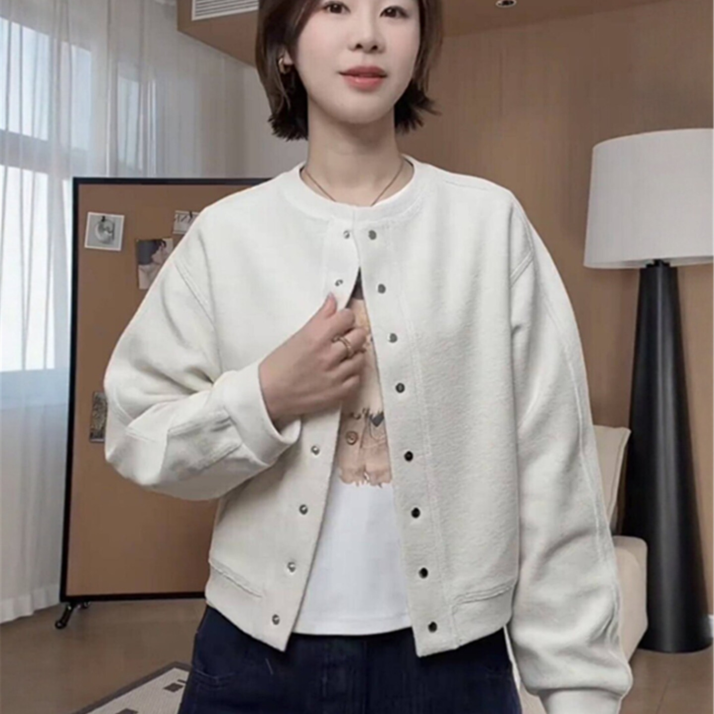 日系设计师topwhit百搭春秋季极简风短款开衫外套女圆领纽扣色