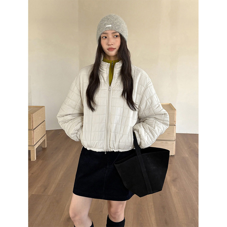 法国cherry kittytg 裥方格棉服外套女冬季新款夹仿羽棉立领宽松