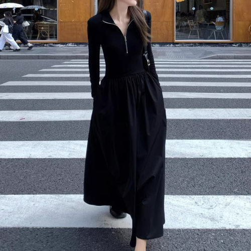 法国chrry koop法式赫本风半开领拉链连衣裙女秋冬立领收腰遮跨