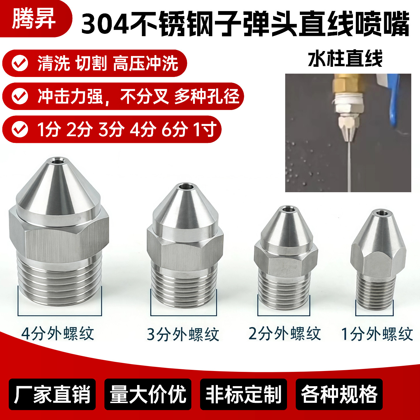 不锈钢0度水柱液柱子弹尖头直线直射喷头喷嘴高压洗车冲洗喷水嘴