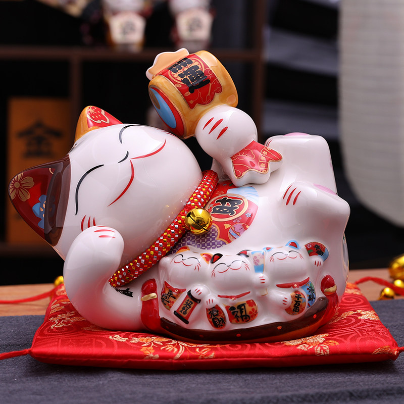 招财猫摆件躺猫店铺开 业陶瓷存钱罐家居客厅收银柜台装饰礼品创