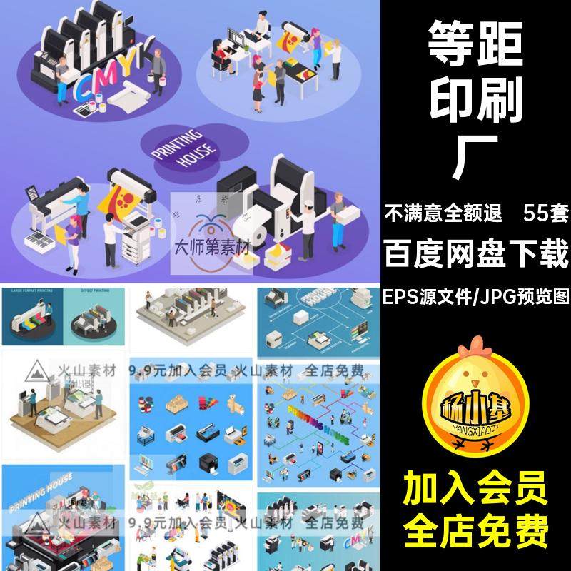 2.5D等距印刷厂机器设备复印报纸厂工人人物插画矢量AI设计素材