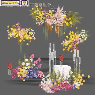 白绿粉黄紫玫红彩色婚礼效果图花艺亚克力路引素材
