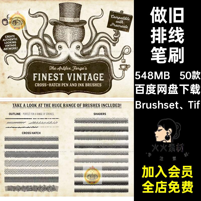 复古排线Procreate笔刷Brushset Tif50款阴影墨水线条钢笔画笔