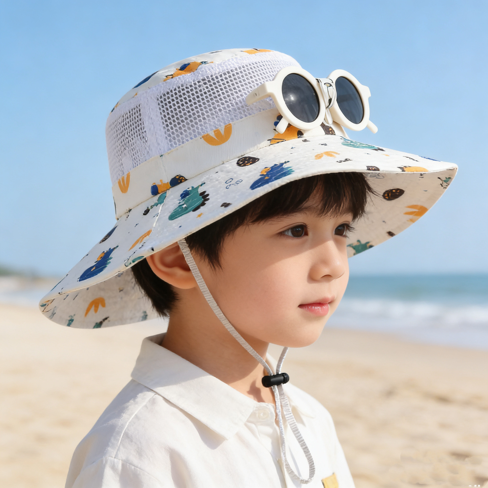 儿童网眼渔夫帽夏季男女童盆帽卡通防晒遮阳帽可折叠调节眼镜网帽