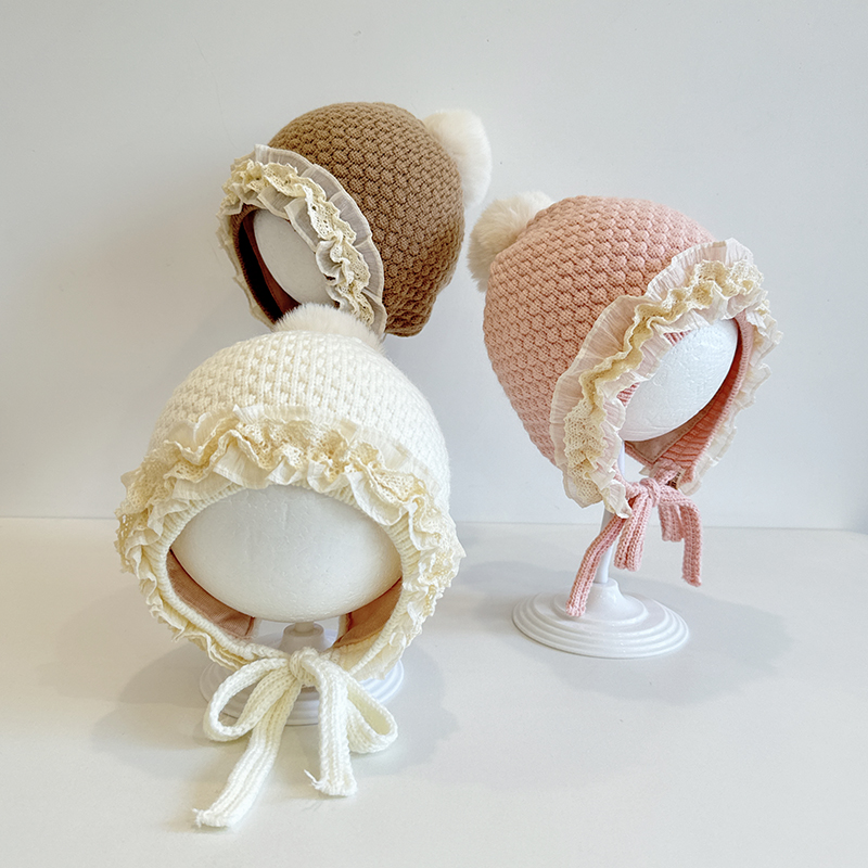 女宝冬季护耳毛线针织公主帽蕾丝