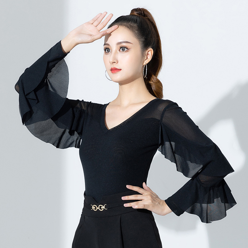 2023拉丁舞服装新款上衣摩登舞练功服国标舞衣成人网纱连体