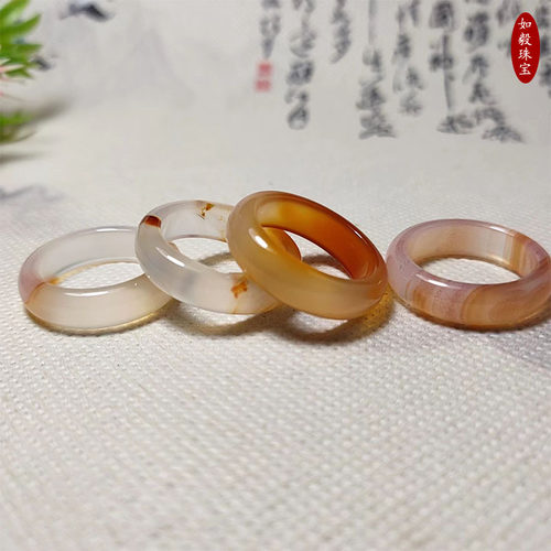 批发玉髓玛瑙天然色玉石戒指6mm手持跑环男女情侣款对戒直播地摊