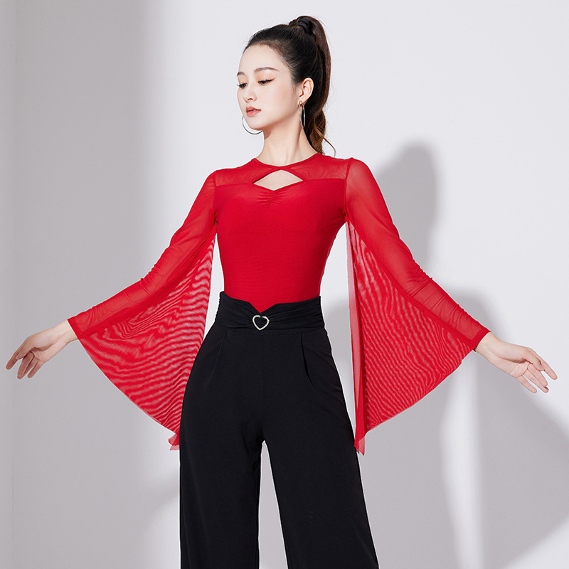 摩登舞上衣练功跳蹈服装女成人2023新款拉丁国标华尔兹红色长袖