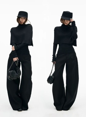 iamxiaa*细罗纹编织立领扣式斗篷亨利领基础修身打底衫真两件套装