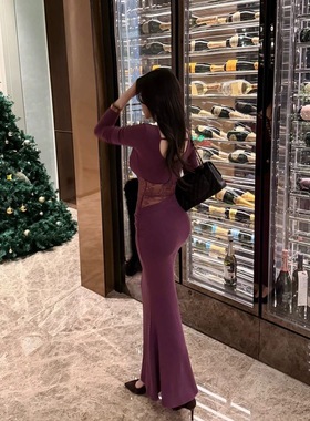 【Fart Shop】夜蝴蝶 蕾丝镂空鱼骨连衣裙女秋冬圣诞薄绒鱼尾裙