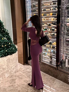 【Fart Shop】夜蝴蝶 蕾丝镂空鱼骨连衣裙女秋冬圣诞薄绒鱼尾裙