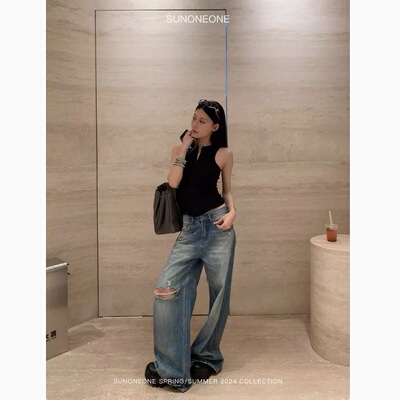 SUNO 磨白破洞牛仔裤女夏2024新款美式复古直筒阔腿休闲长裤NEONE