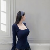 针织上衣方领收腰打底衫 Chill巧儿 简单显身材20%羊毛藏青色修身