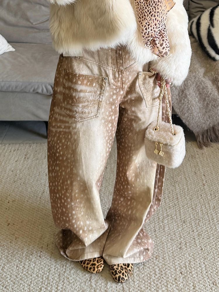 美式复古设计感撞色刺绣牛仔裤子女辣妹做旧小鹿纹印花弯刀拖地裤,女装/女士精品,大码裤装,淘宝优惠券,粉丝福利购,淘宝优惠卷