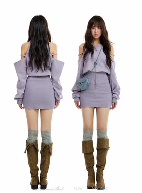 MOIX甜辣人格 辣妹露肩收腰紫色秋季连衣裙女包臀裙短款裙子短裙