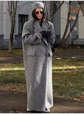 欧美风时尚百搭毛呢灰色大衣秋冬2024新款高级高个子大衣长款外套