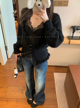 e go studio 马海毛羊毛深灰荷叶边开衫毛衣女蕾丝拼接设计感上衣