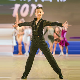 歌瑞亚拉丁舞服新款 上衣练功服5060 男儿童恰恰深V领假两件长袖