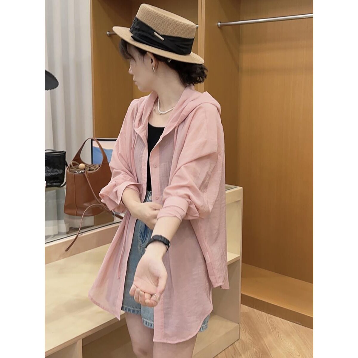 日系cherrykoko设计感简约休闲连帽防晒衬衫女夏季新款宽松薄款